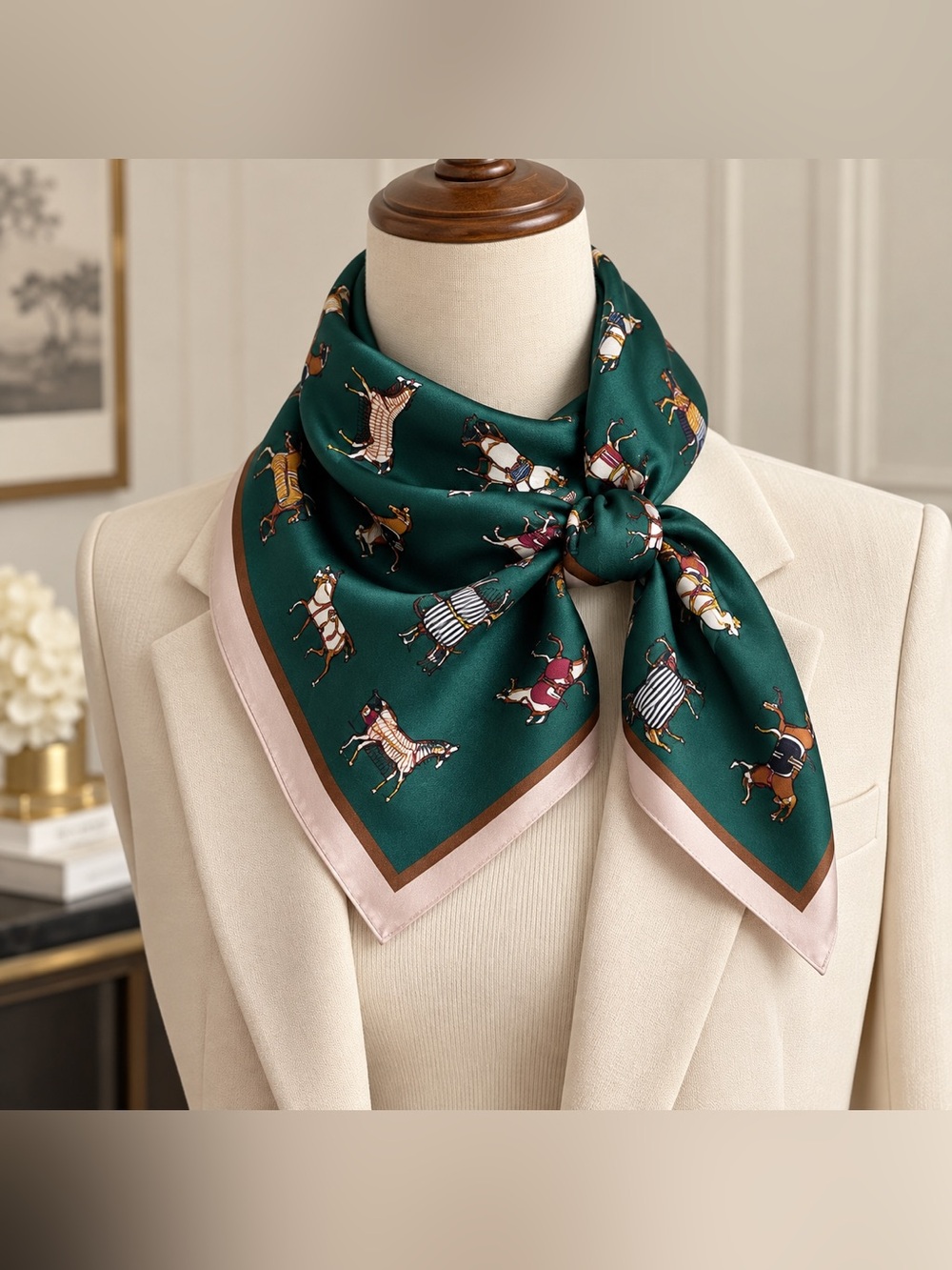 Emerald Green Equestrian Horse Print Square Scarf 27.6” x 27.6”